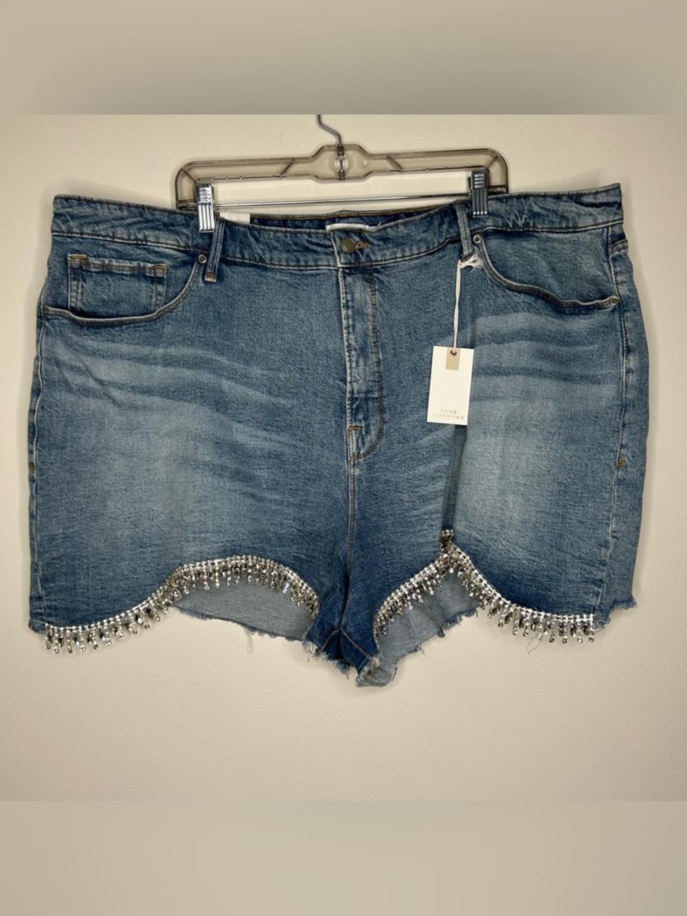 Good American Blue Denim Jean Shorts with Rhinestone Fringe